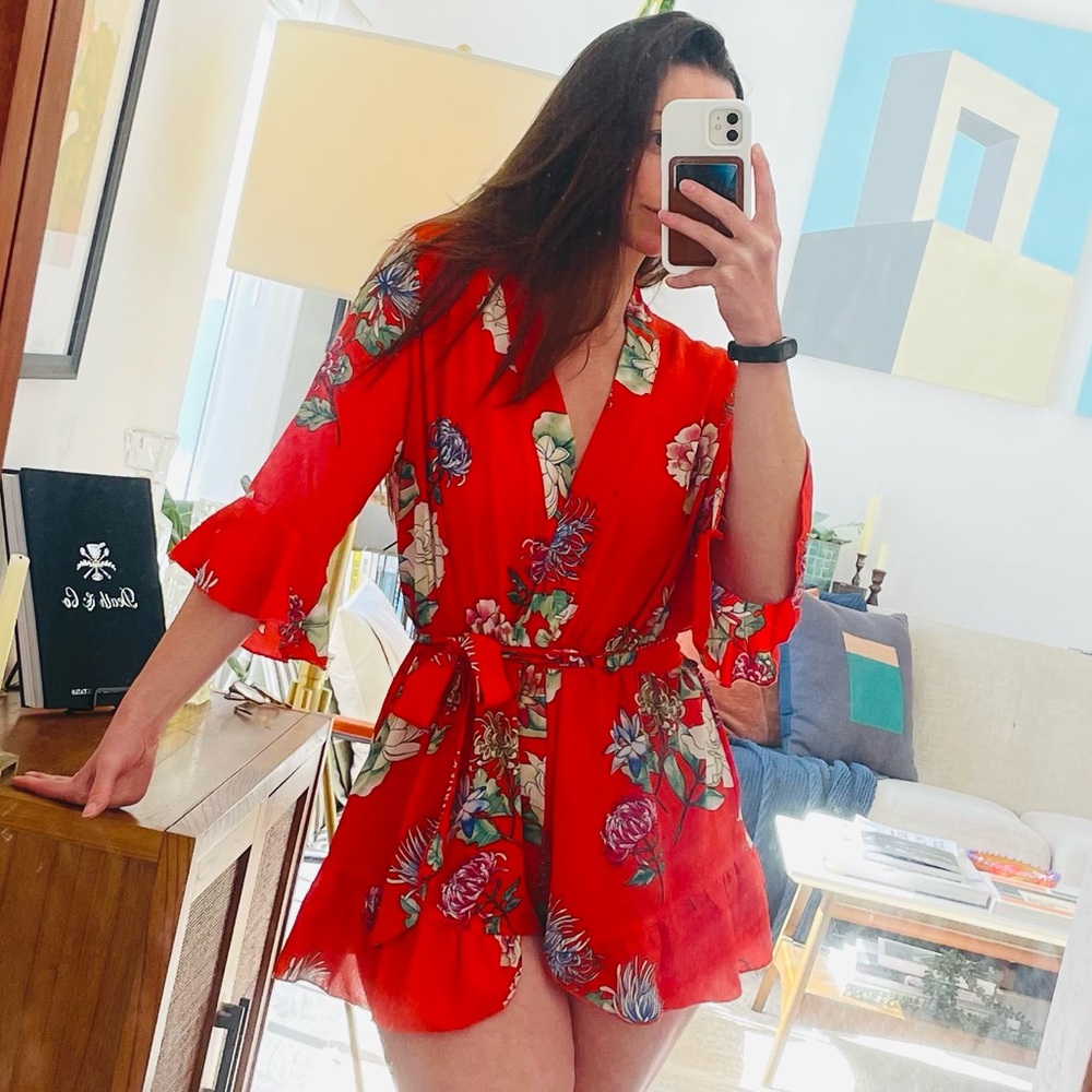 Floral Red Kimono Romper